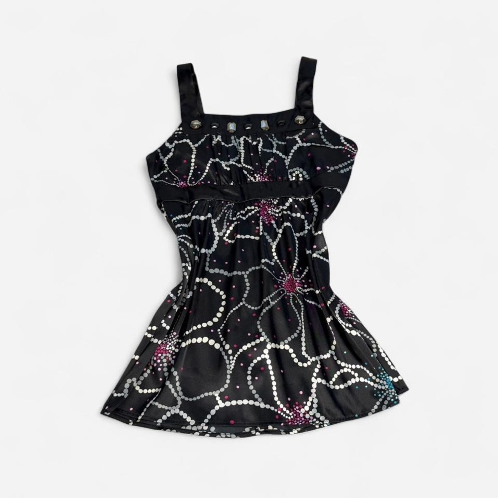 Vintage y2k Heart Soul black multicolour pattern babydoll satin tie back blouse